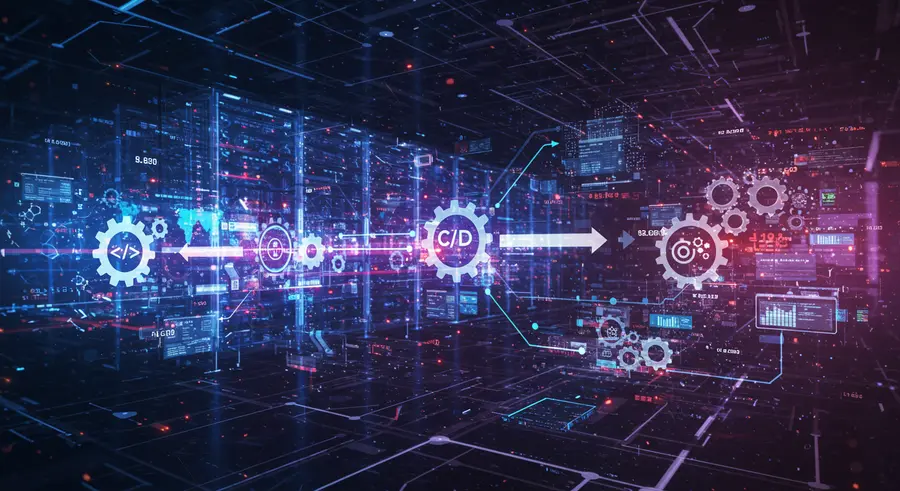 Abstract visualization of MLOps processes, CI/CD pipelines, and data flow